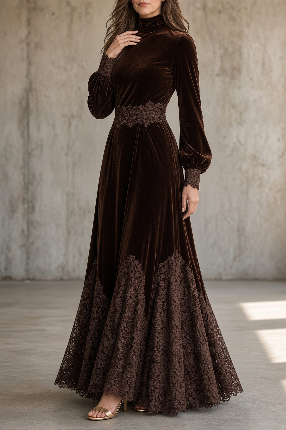 Berenice velvet maxi dress in brown, side view