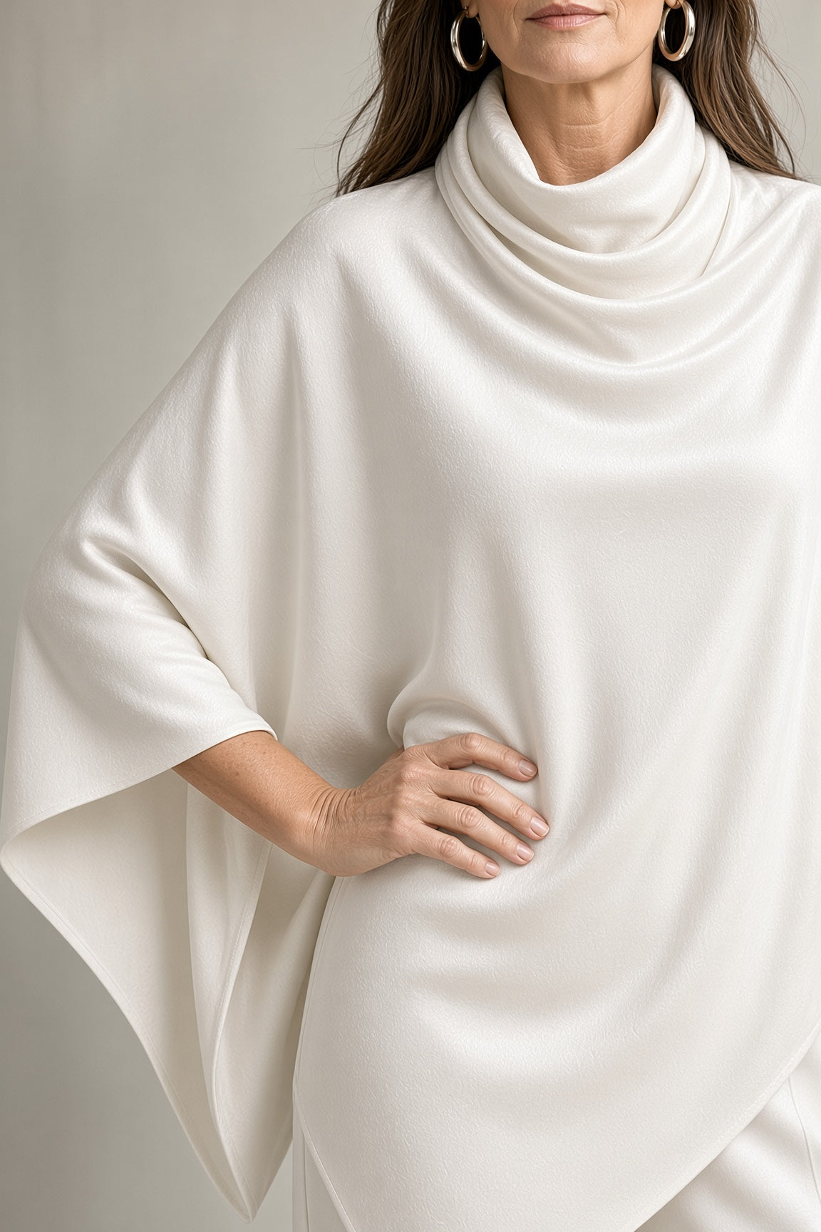 Sapphira velvet poncho and trouser set in White, cowl neck close-up