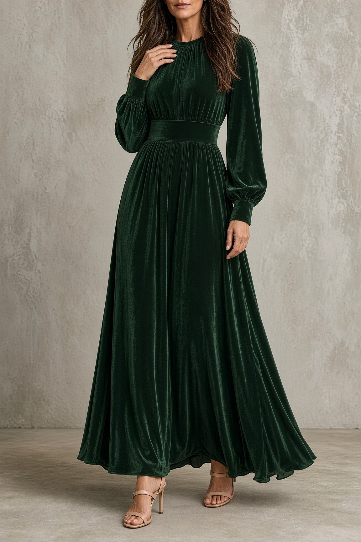 Annalise velvet maxi dress in green, standing view