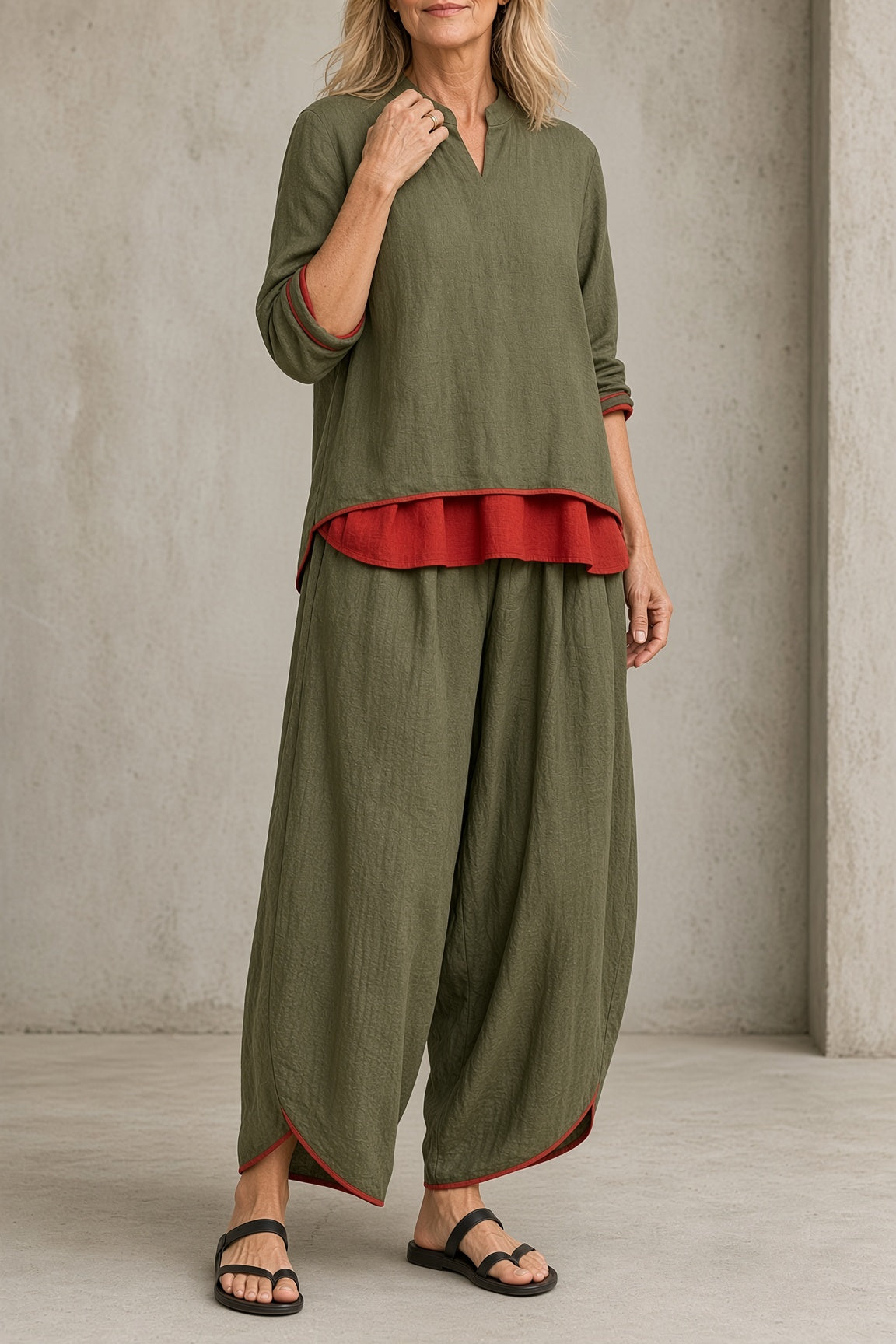 Marietta layered tunic and balloon trouser set in green, full-length pose