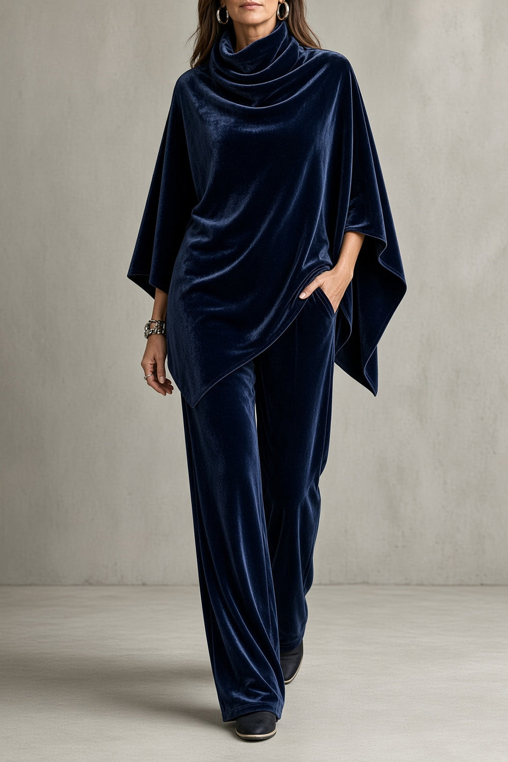 Sapphira velvet poncho and trouser set in Midnight Blue, front view