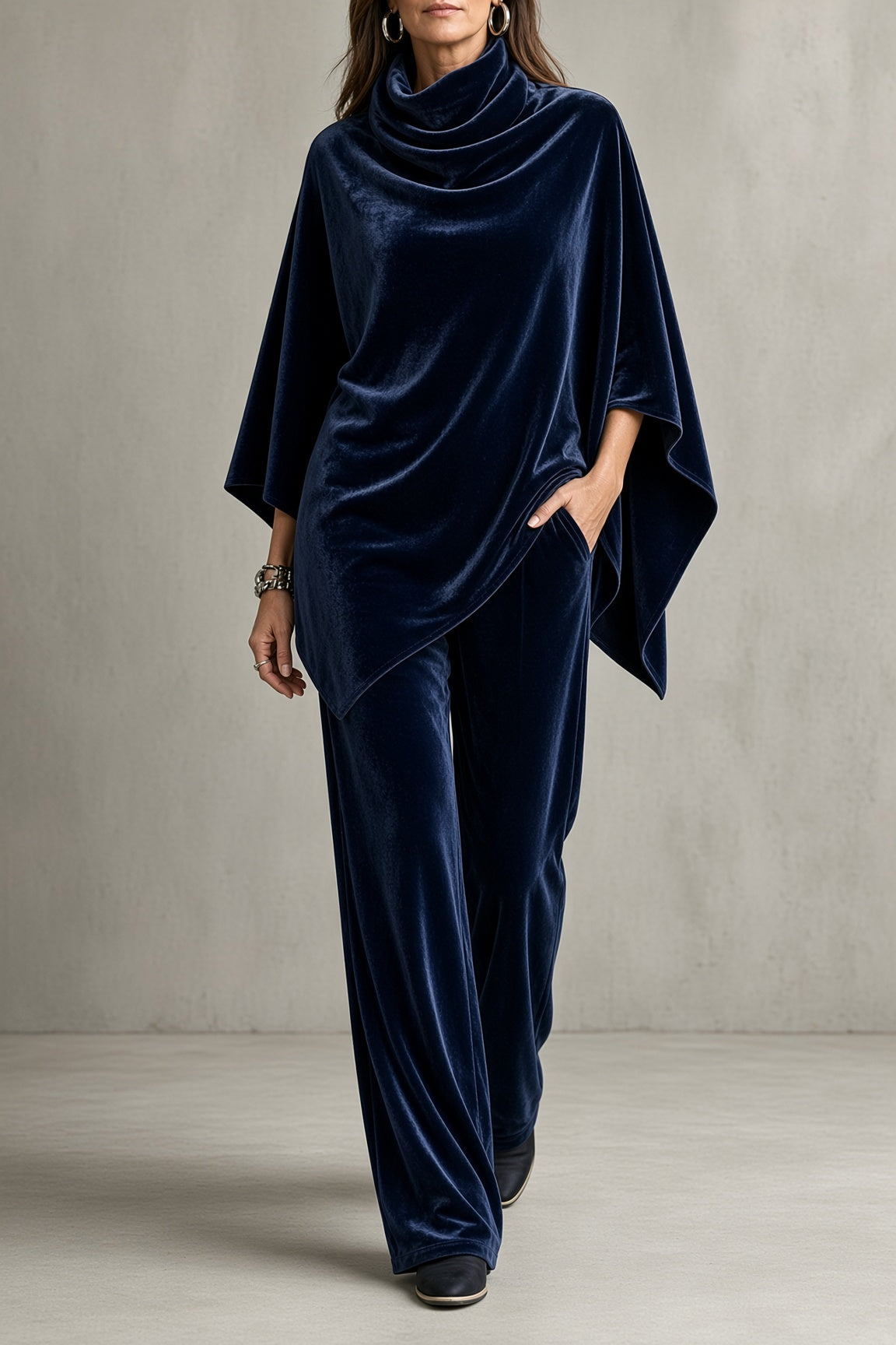 Sapphira velvet poncho and trouser set in Midnight Blue, front view