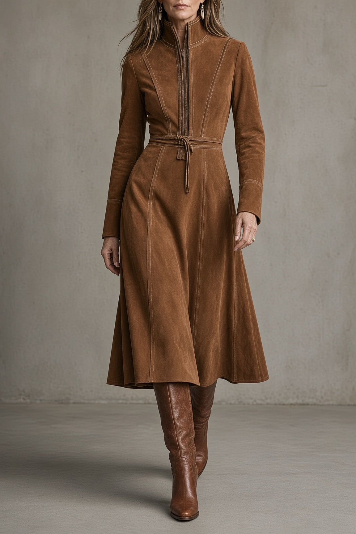 Caryll belted midi dress in brown, front view