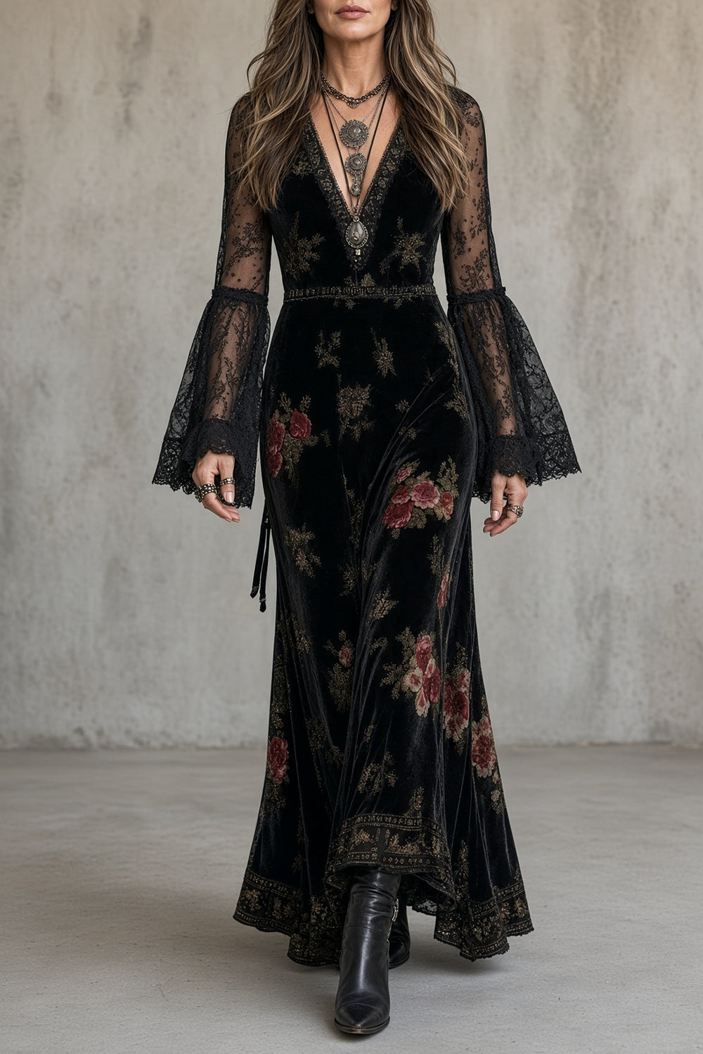 Isabeau floral velvet maxi dress in black, front view