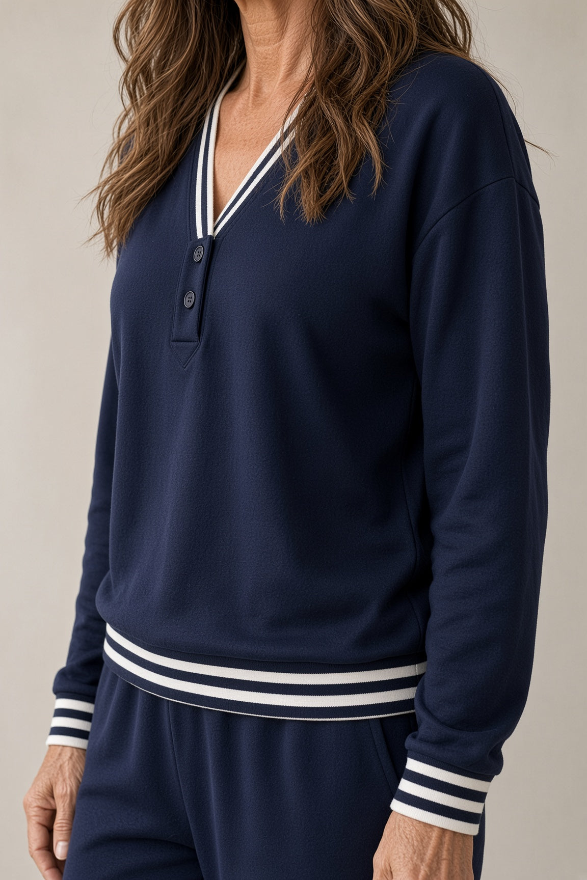 Adelind V-neck top and wide-leg trouser set in navy, close-up view