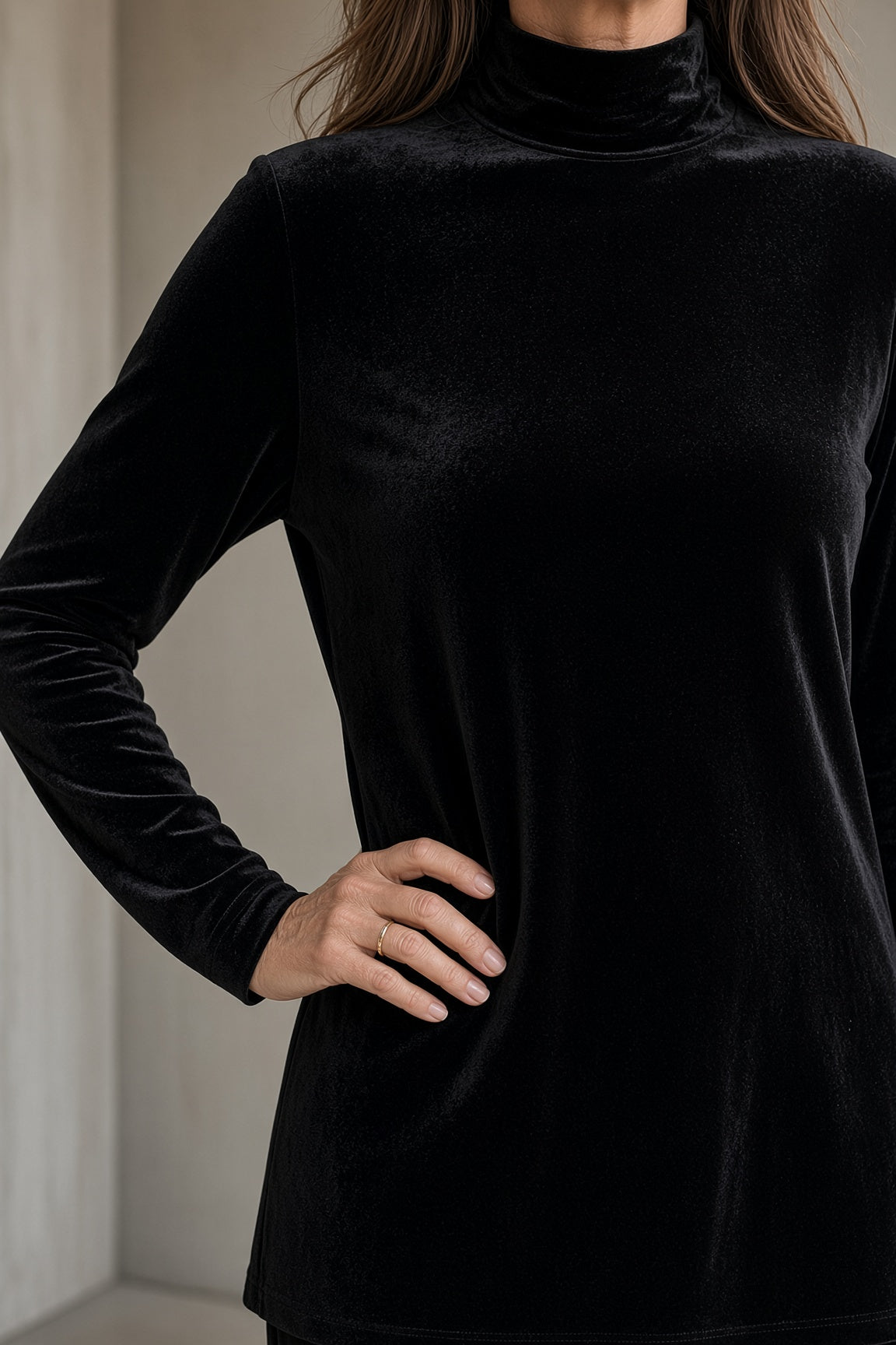 Tatiana velvet roll-neck trouser set in Black, top close-up