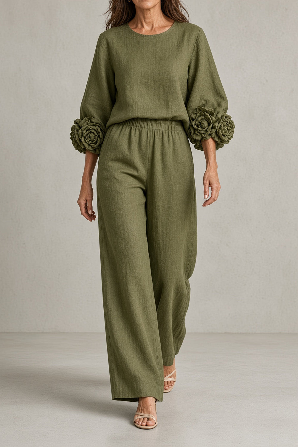 Bronwyn rosette cuff top and wide-leg trouser set in green, front view