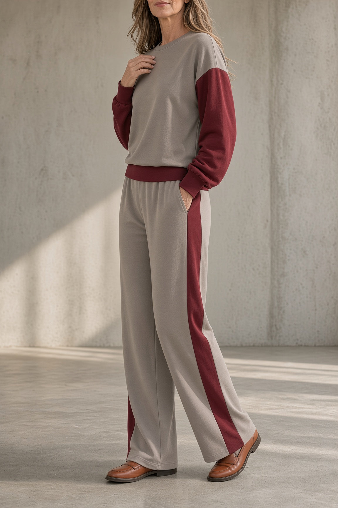 Taylor colour-block sweatshirt and trouser set in grey with burgundy, full-length pose