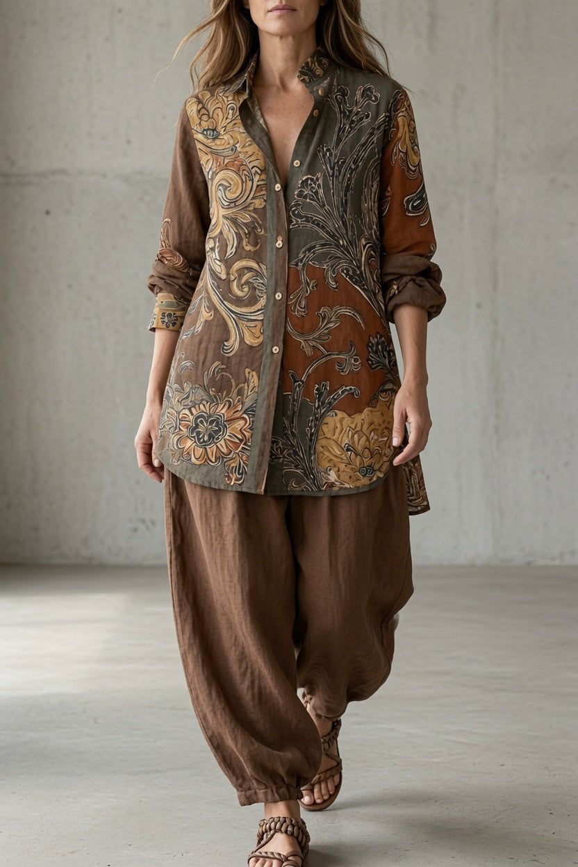 Albinia printed shirt and trouser set in Brown, front view