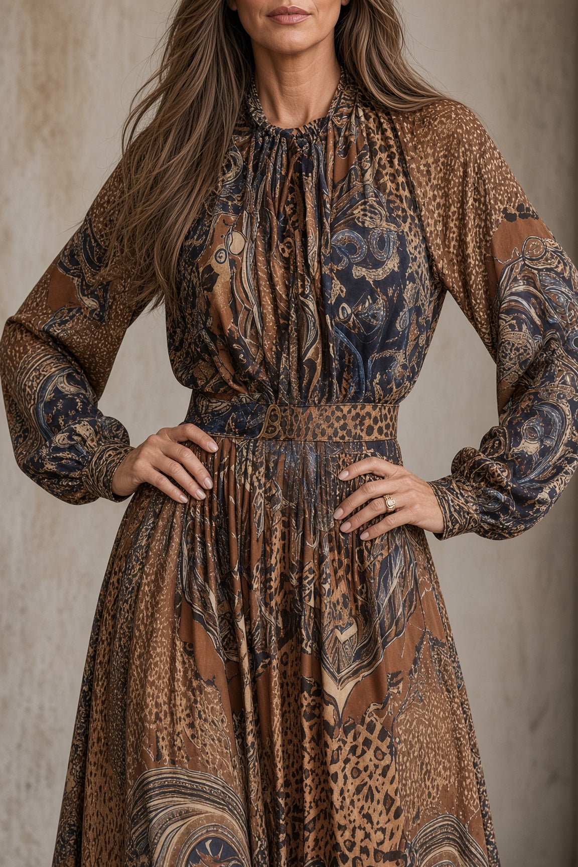 Roselind paisley maxi dress in brown, close-up of bodice and sleeves