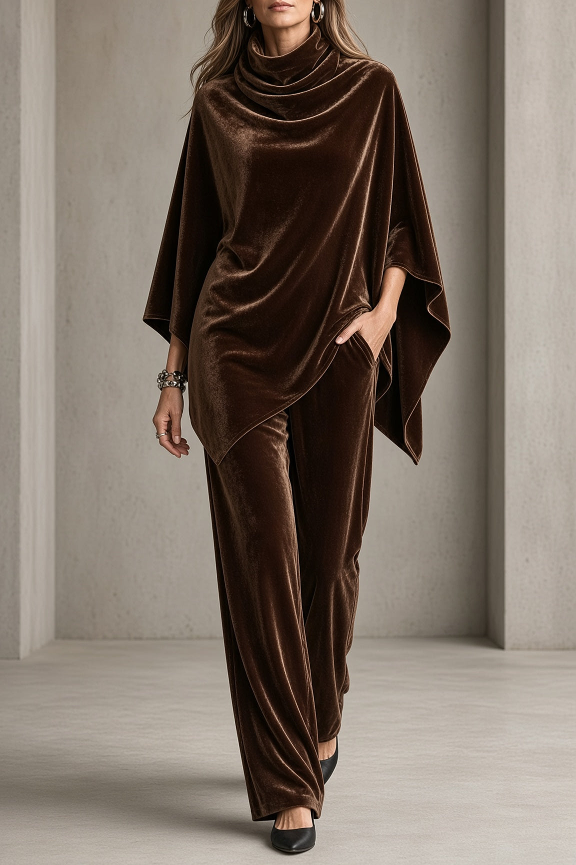 Sapphira velvet poncho and trouser set in Brown, front view