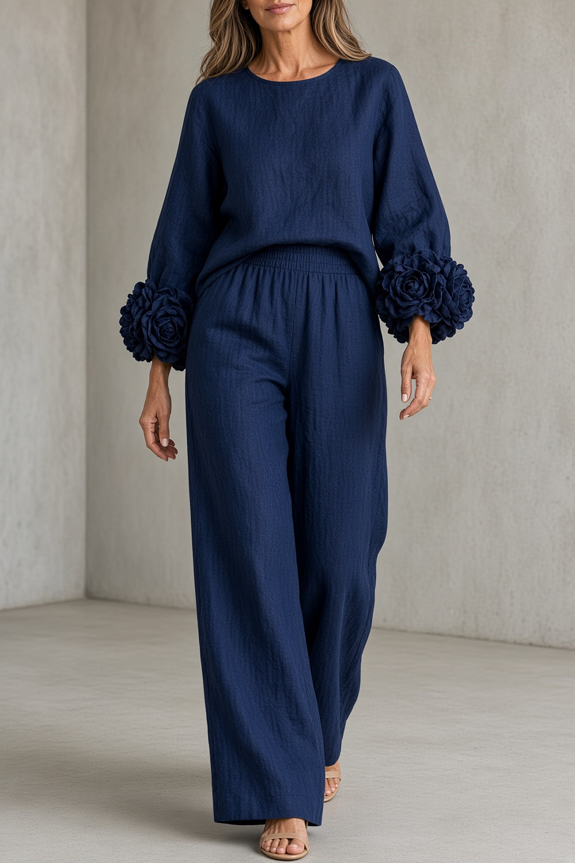 Bronwyn rosette cuff top and wide-leg trouser set in blue, full-length view