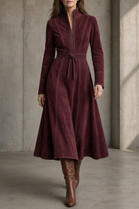 CARYLL | ZIP-FRONT BELTED A-LINE MIDI DRESS