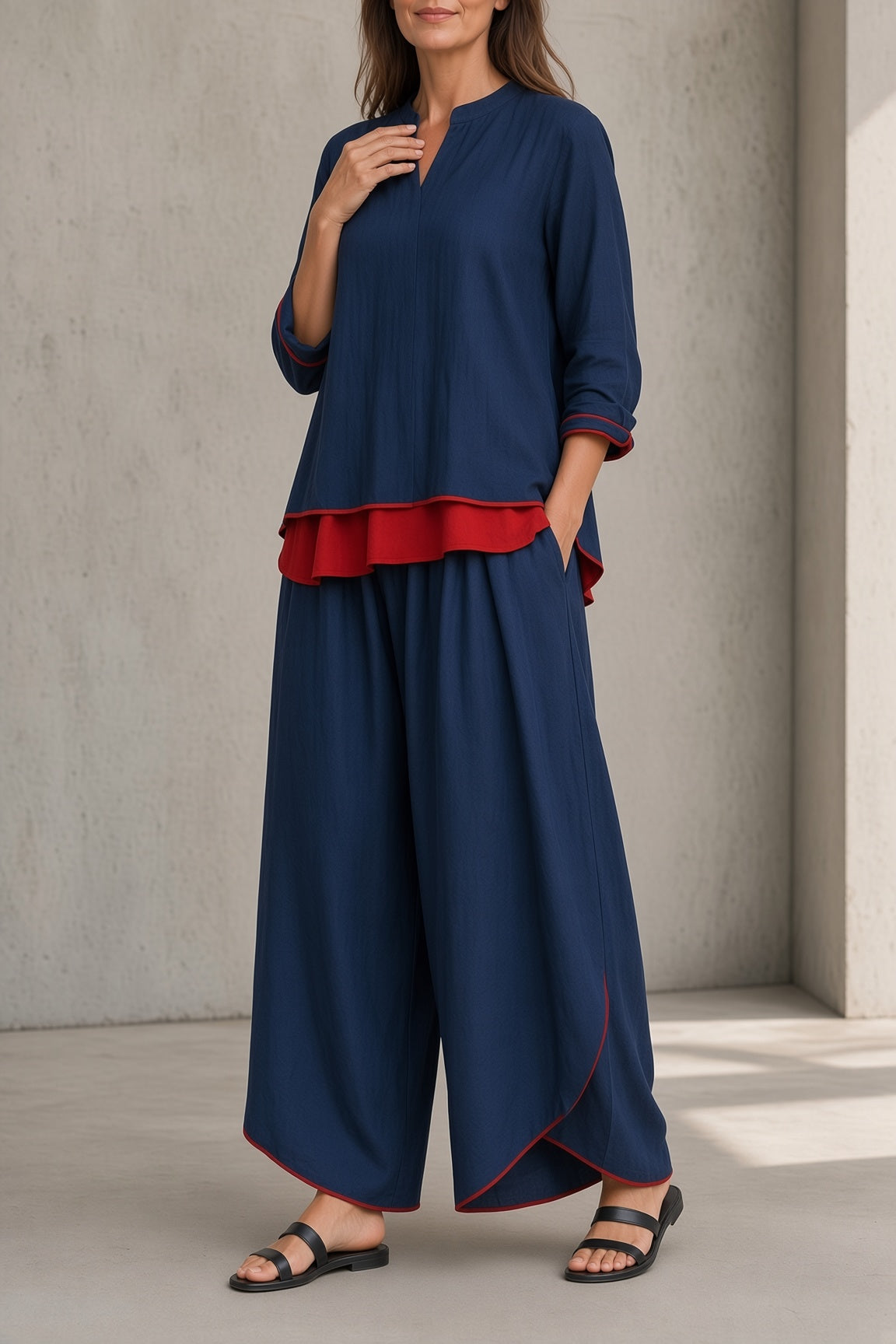 Gertrude layered top and wide-leg trouser set in blue, side view