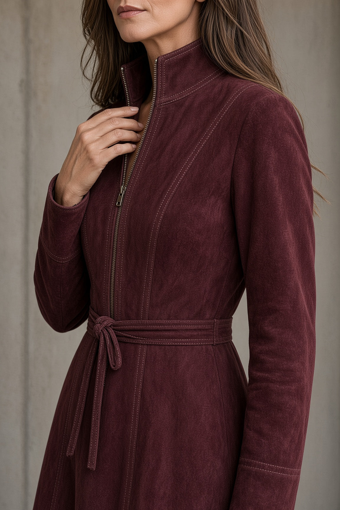 Caryll belted midi dress in purple, close-up of collar and belt