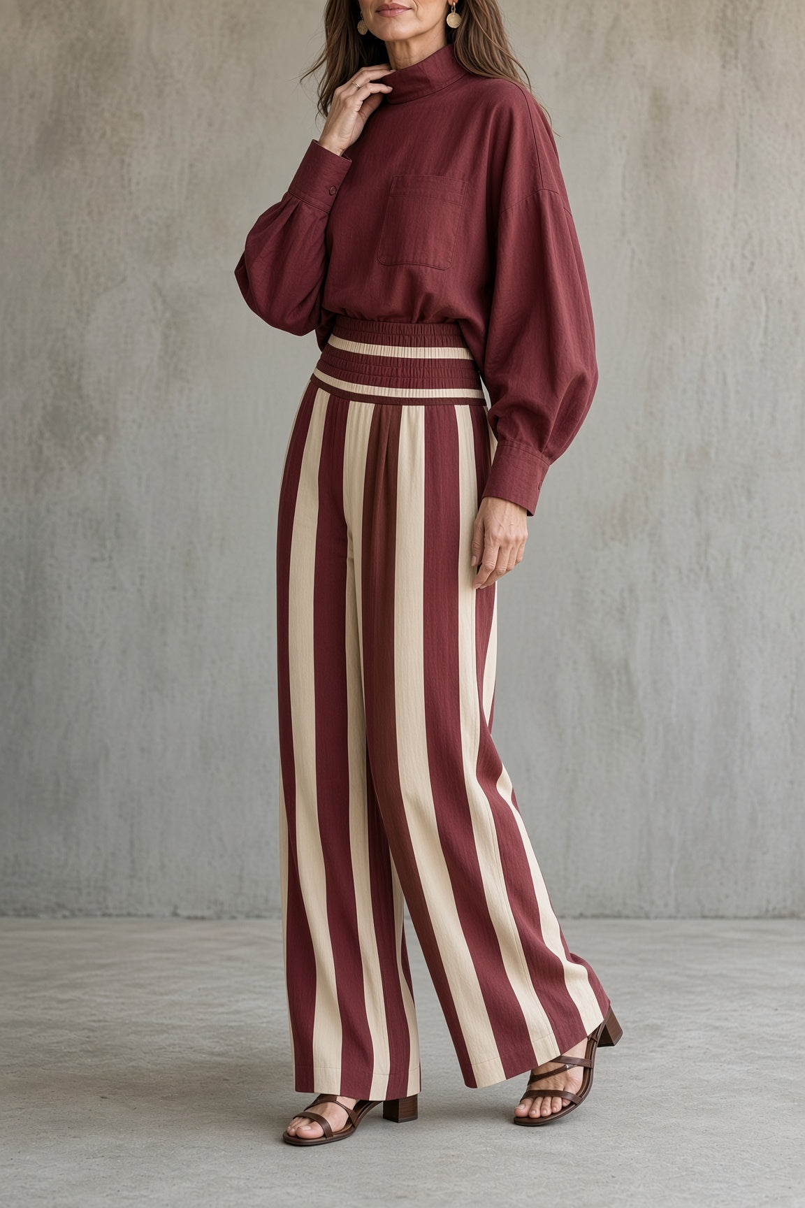 Rosaleen high-neck top and striped trouser set in red, full-length pose