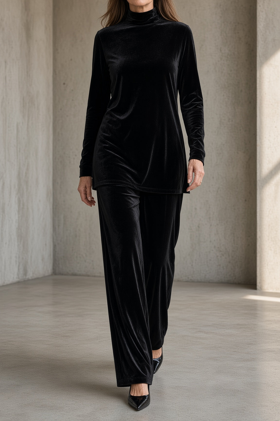 Tatiana velvet roll-neck trouser set in Black, front view