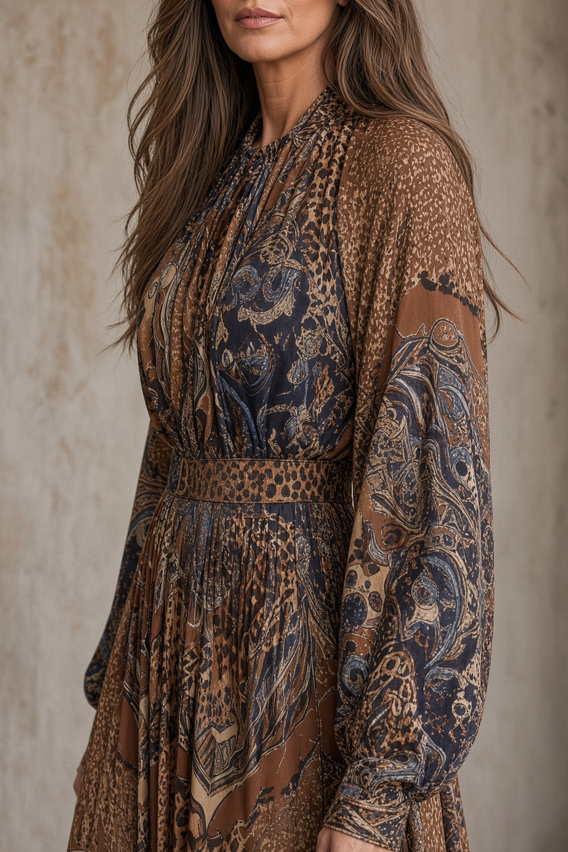Roselind paisley maxi dress in brown, side close-up
