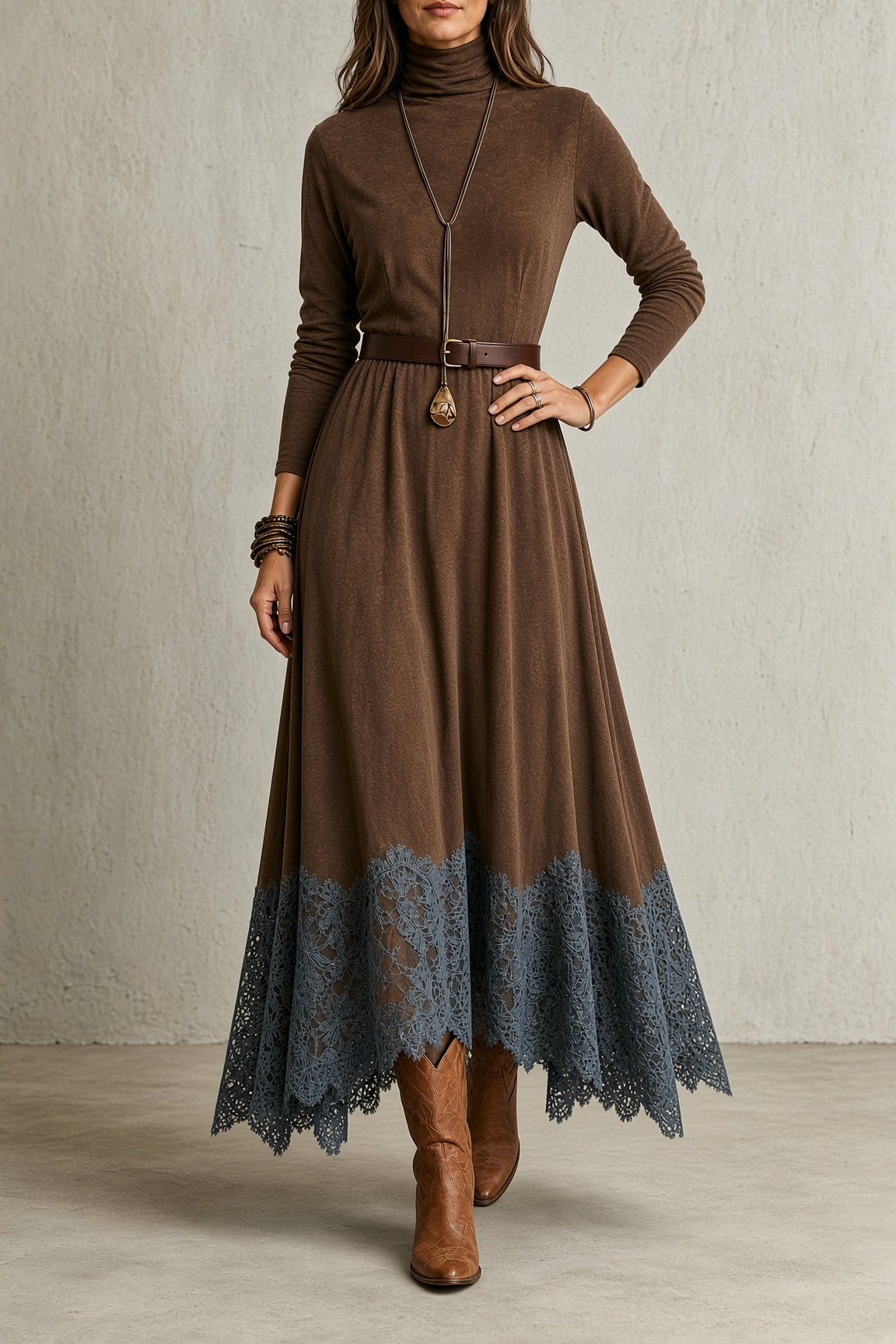 Meriel lace hem maxi dress in brown, hand on hip pose