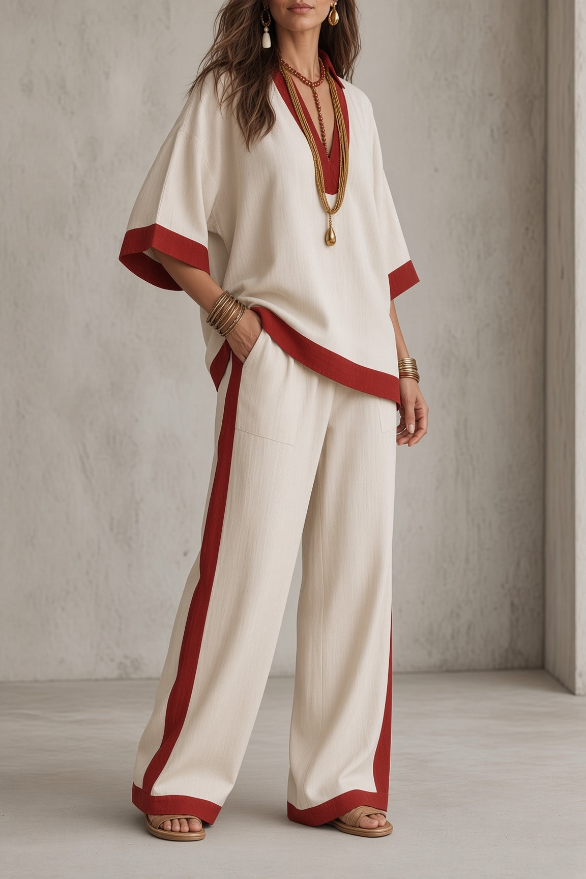 Camellia contrast trim kaftan top and trouser set in white, full-length pose