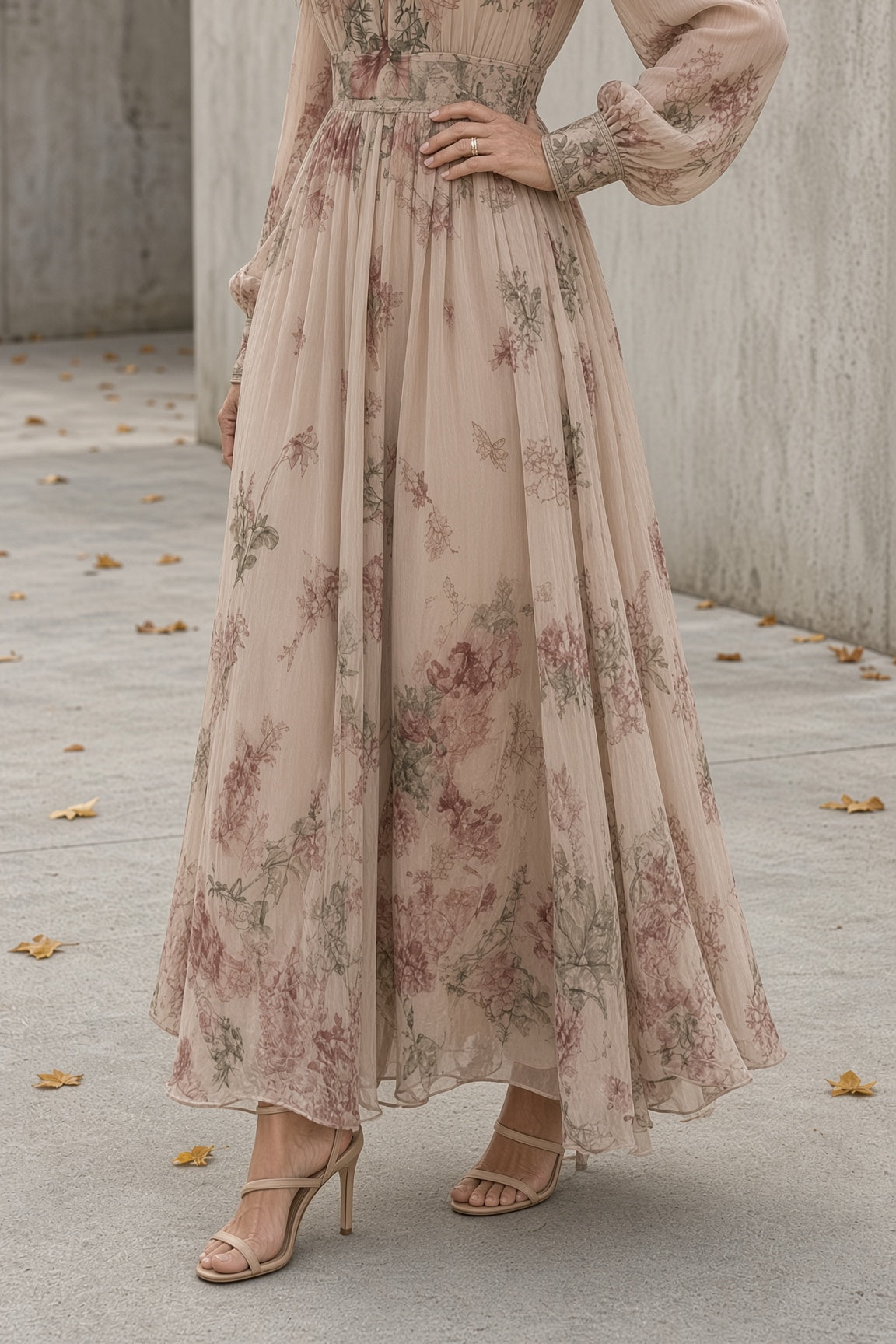 Iseult floral maxi dress in pink, skirt detail