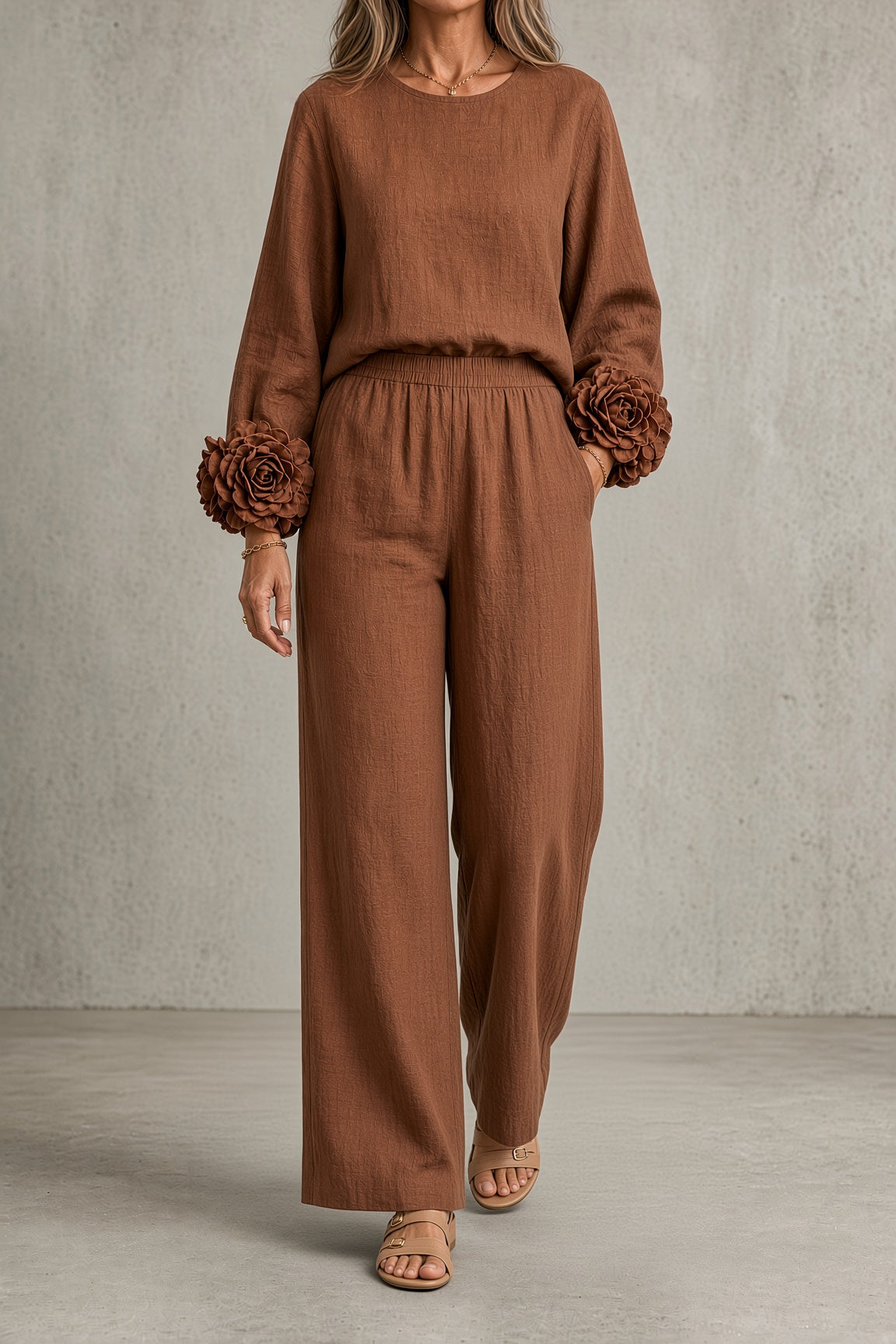 Bronwyn rosette cuff top and wide-leg trouser set in brown, front view