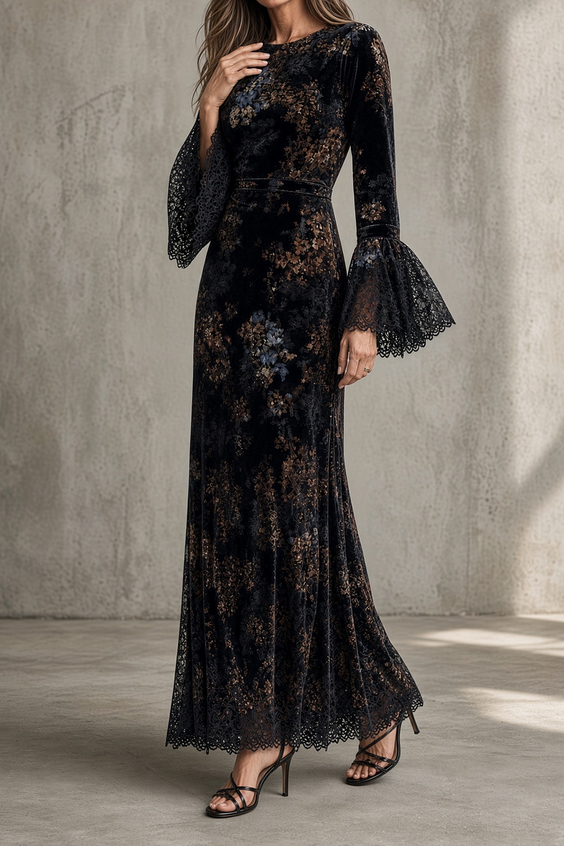 Aldith floral velvet maxi dress in black, full-length side view