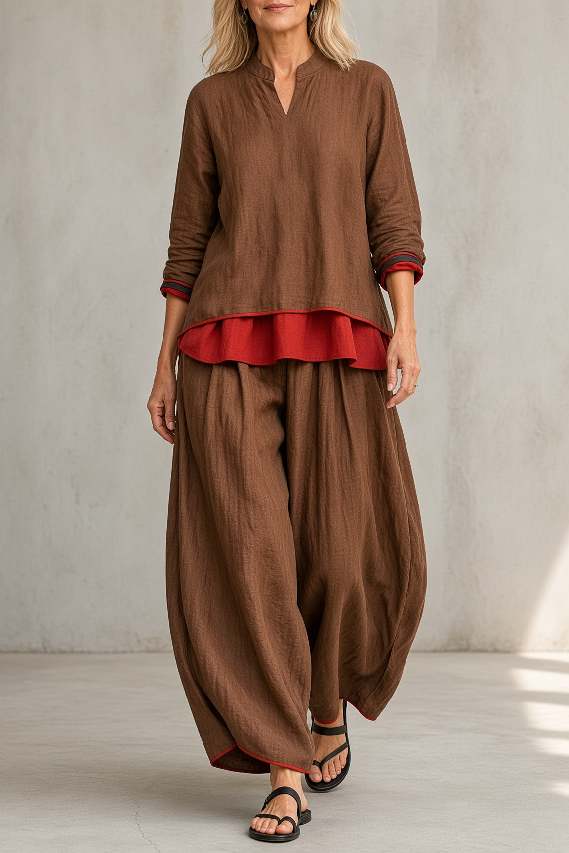 Marietta layered tunic and balloon trouser set in brown, front view