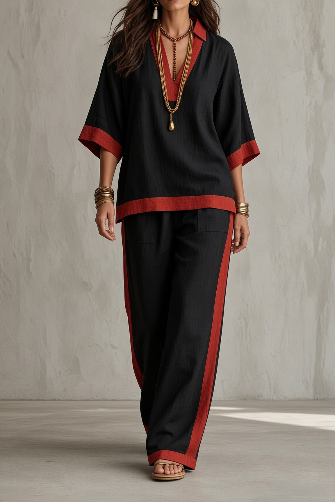 Camellia contrast trim kaftan top and trouser set in black, front view