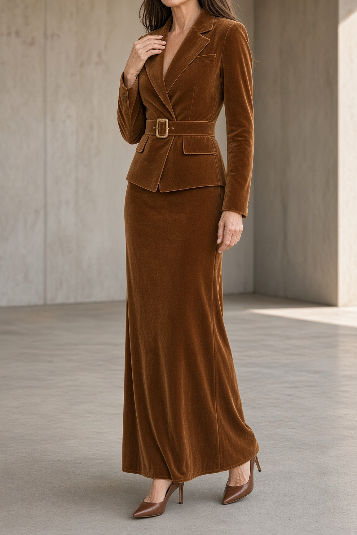 Ethelind velvet blazer maxi dress in brown, three-quarter view