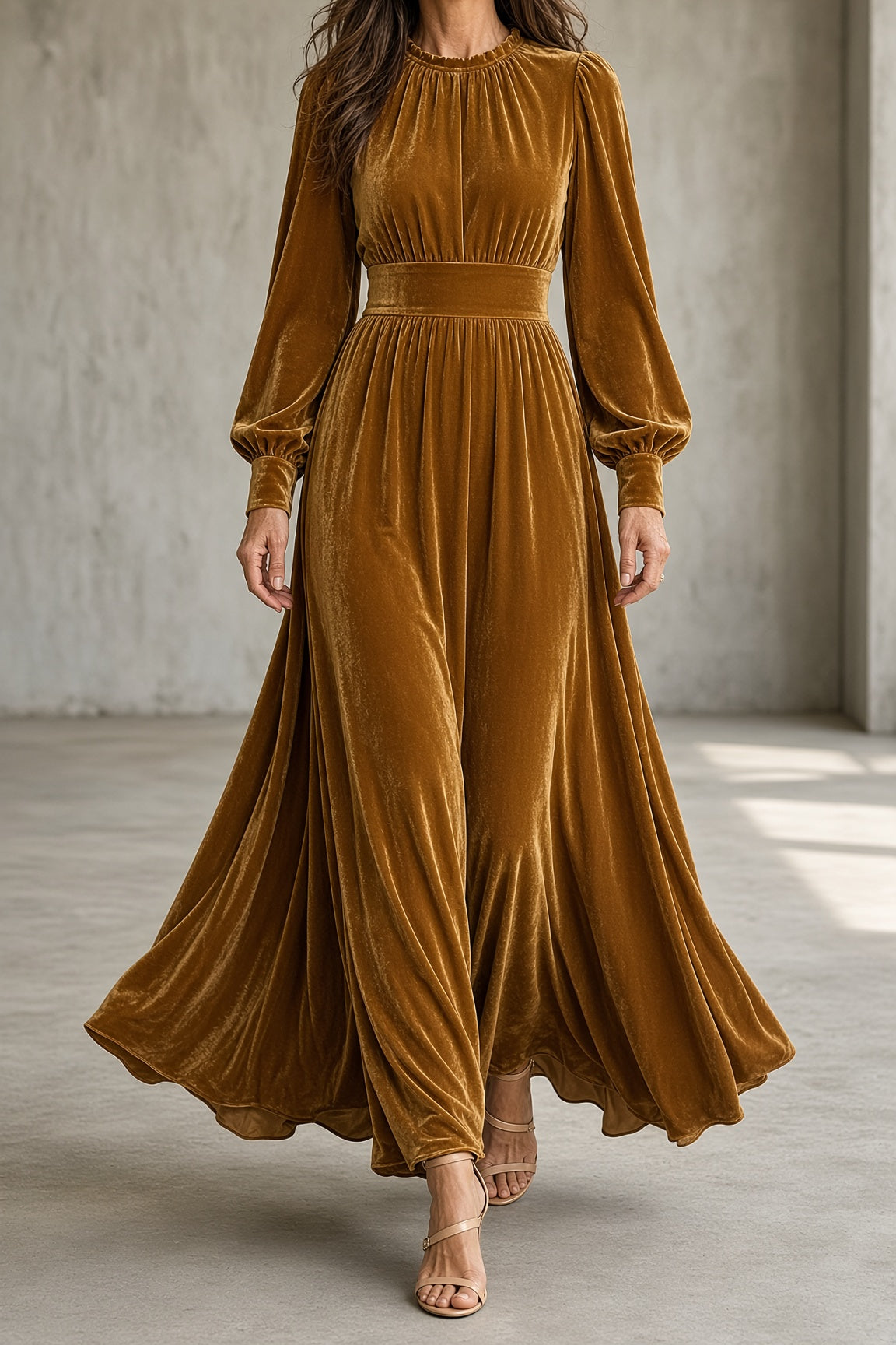 Annalise velvet maxi dress in mustard, front view