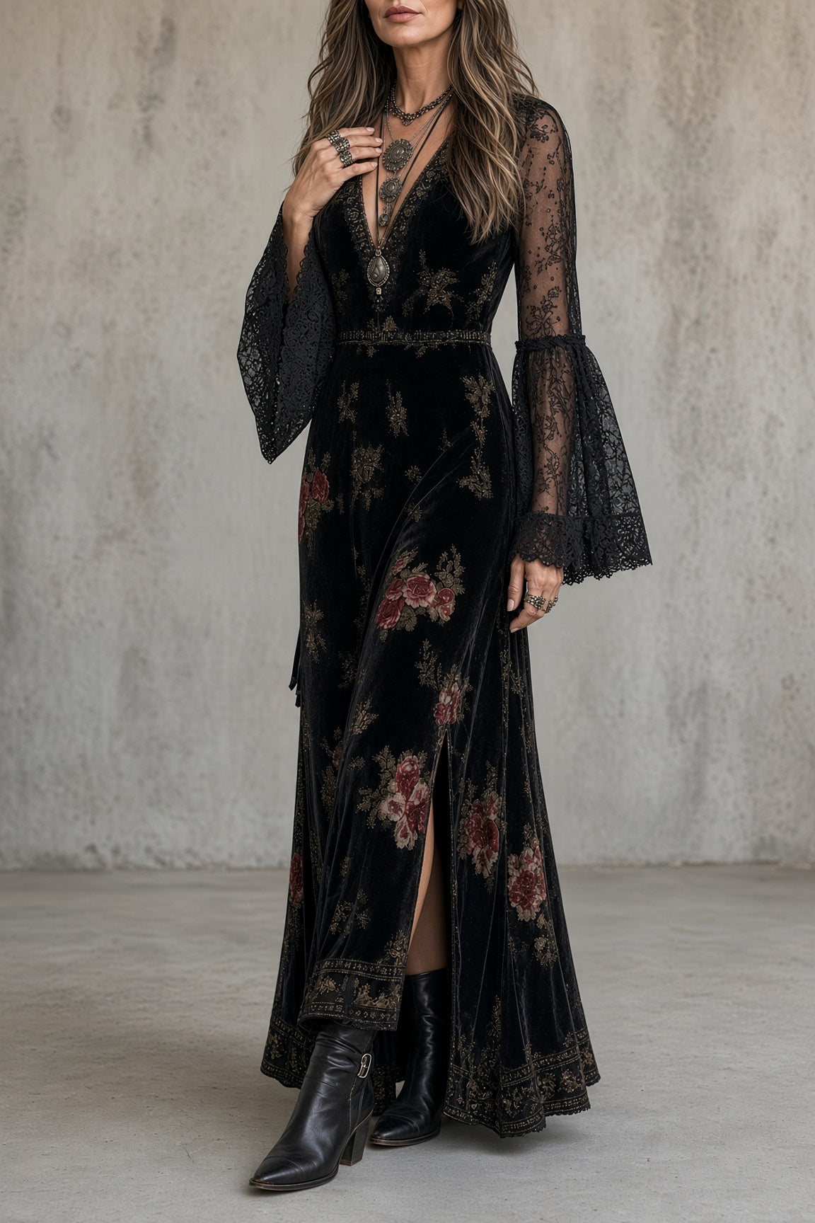 Isabeau floral velvet maxi dress in black, side slit view