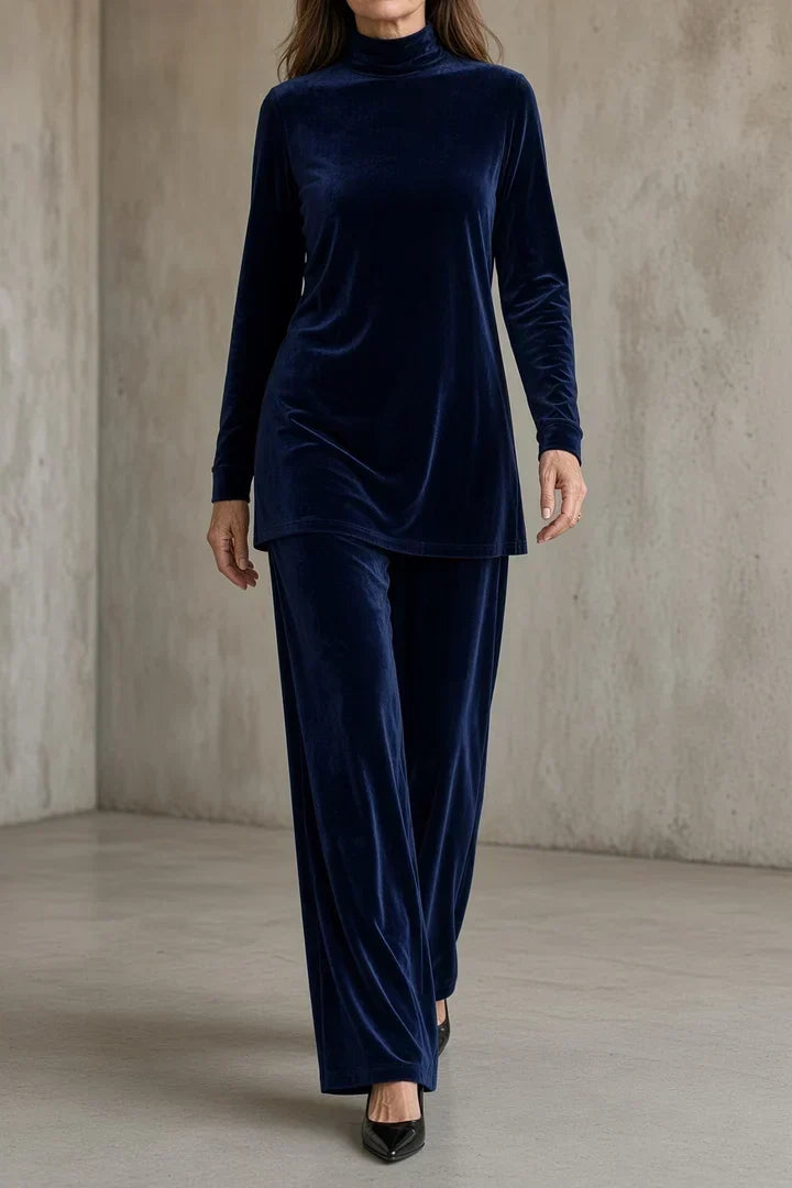 Tatiana velvet roll-neck trouser set in Midnight Blue, front view
