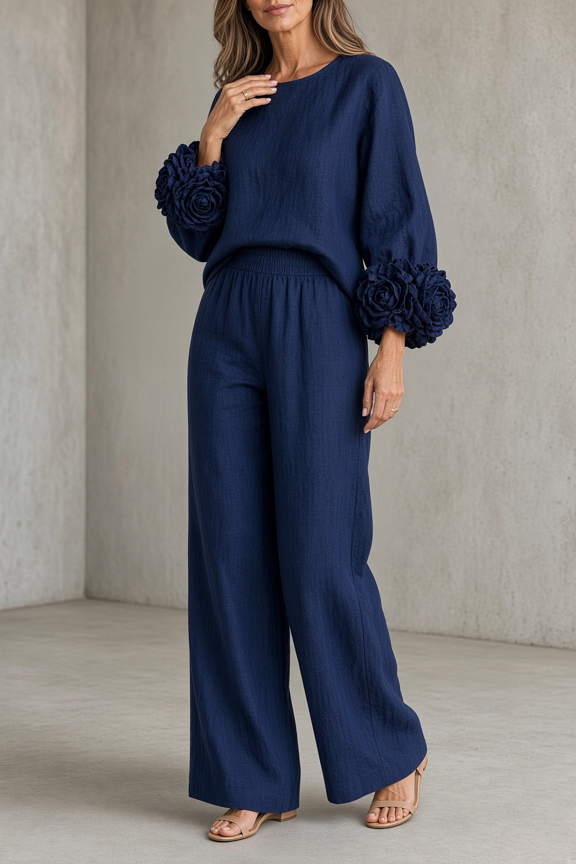 Bronwyn rosette cuff top and wide-leg trouser set in blue, front view