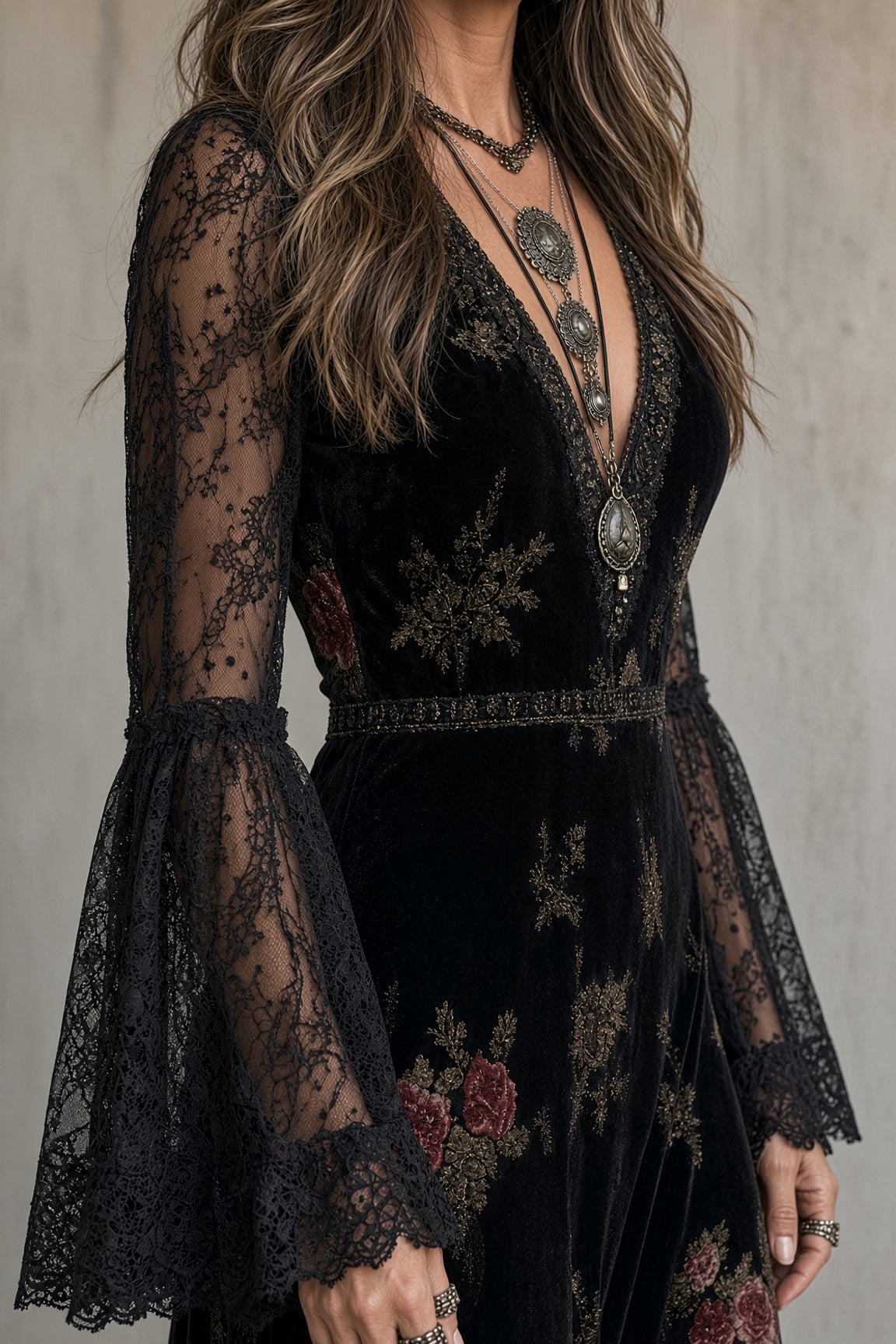 Isabeau floral velvet maxi dress in black, close-up of V-neck and lace sleeve