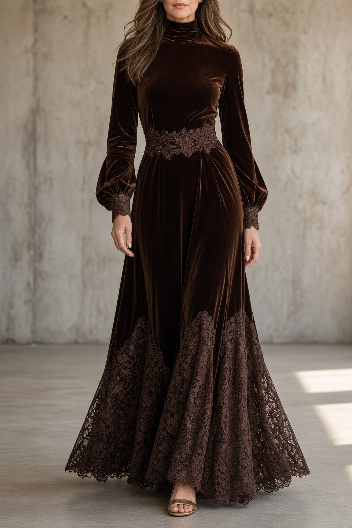 Berenice velvet maxi dress in brown, front view