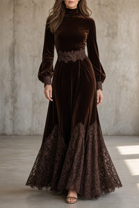 BERENICE | VELVET HIGH-NECK MAXI DRESS WITH LACE DETAILS