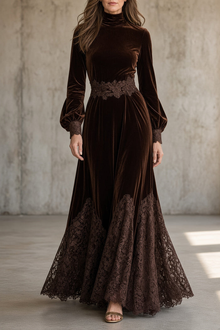 Berenice velvet maxi dress in brown, front view