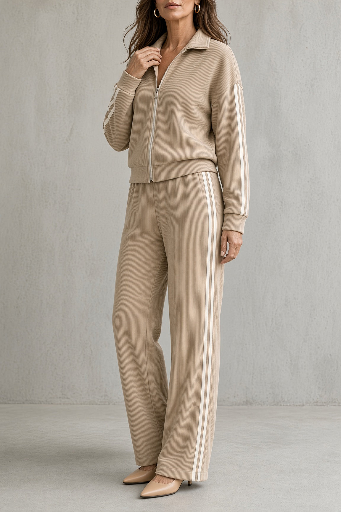 Ilsa zip-up top and striped wide-leg trouser set in beige, styled view