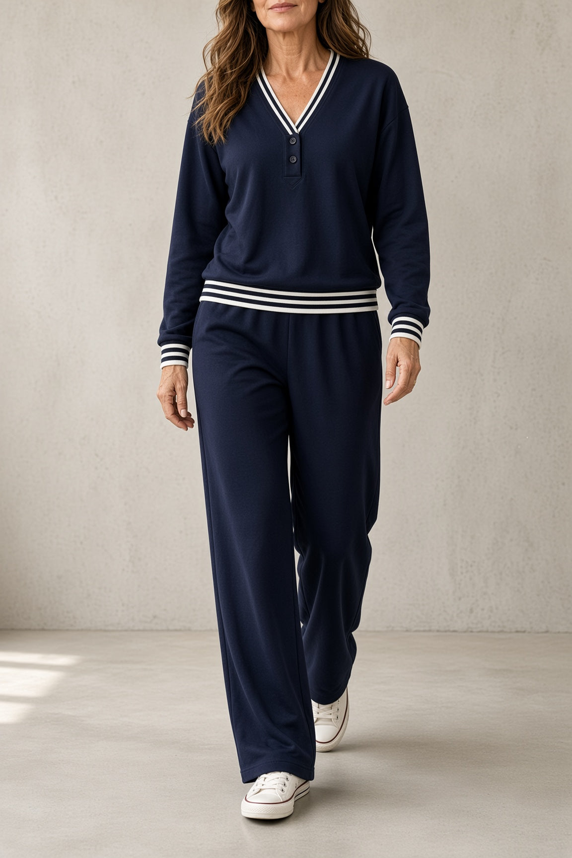 Adelind V-neck top and wide-leg trouser set in navy, front view