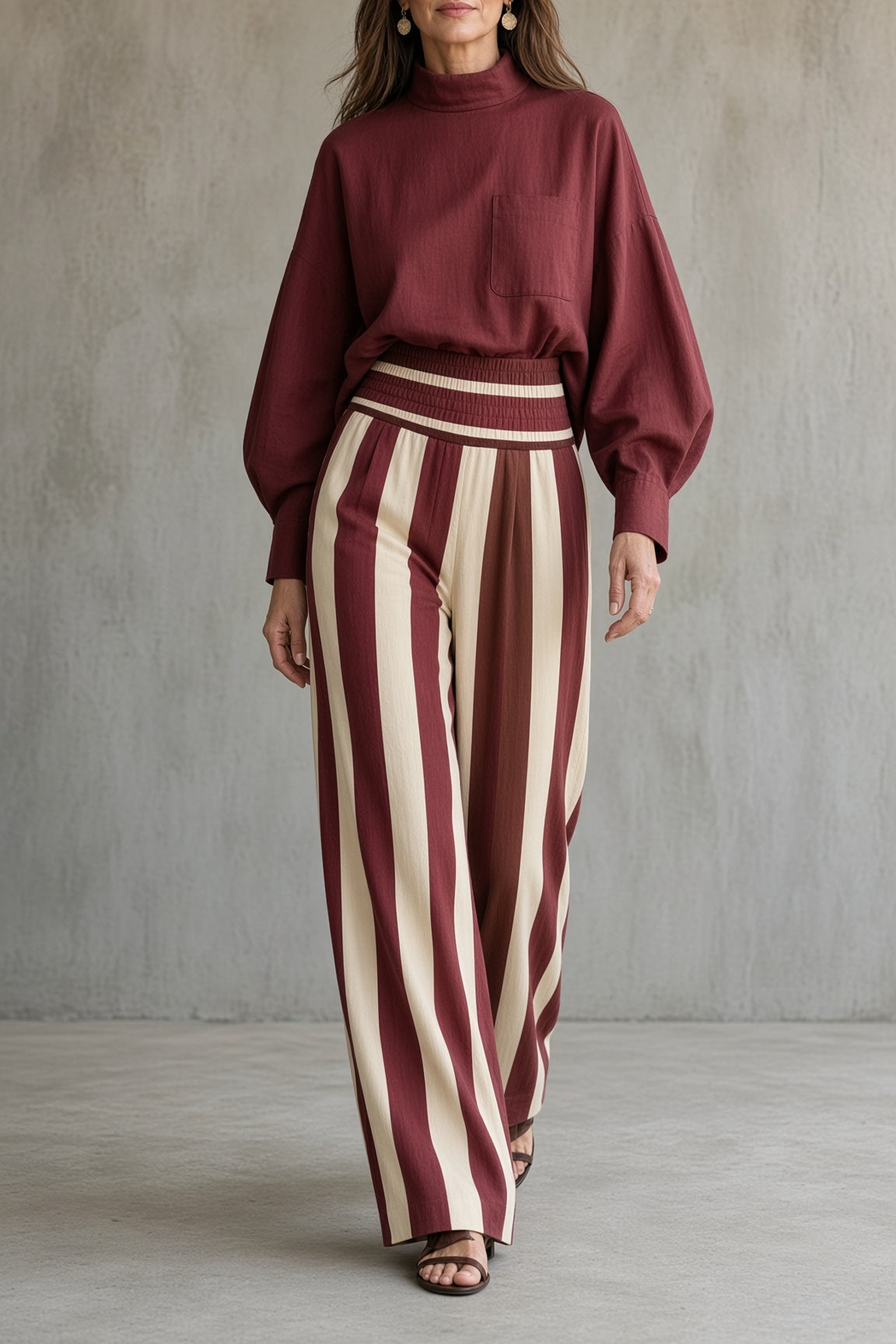 Rosaleen high-neck top and striped trouser set in red, front view