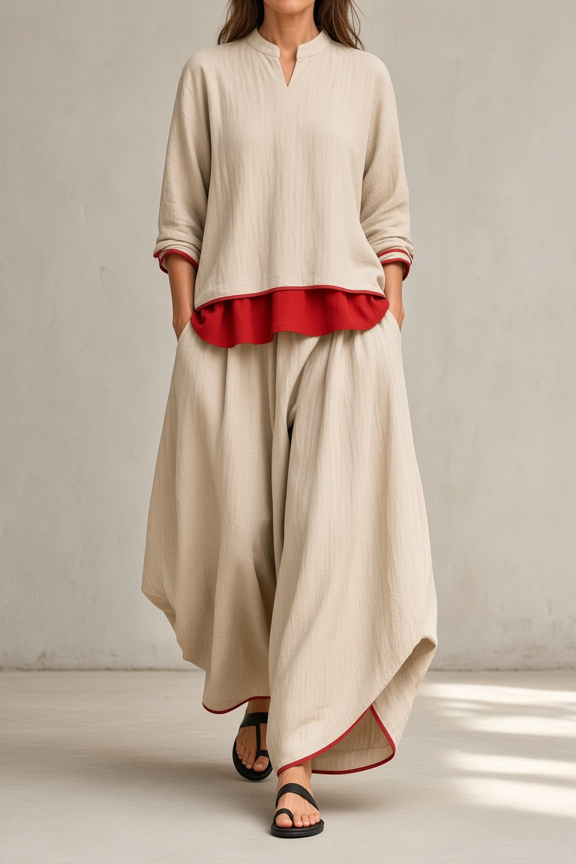 Henriette contrast-trim top and wide-leg trouser set in beige, front view