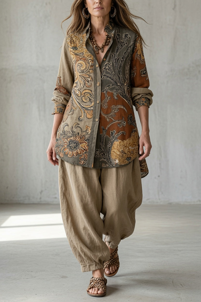 Albinia printed shirt and trouser set in Beige, front view
