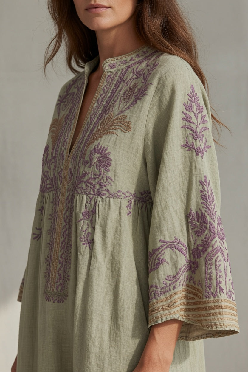 Romola embroidered maxi dress in Sage Green, embroidery close-up