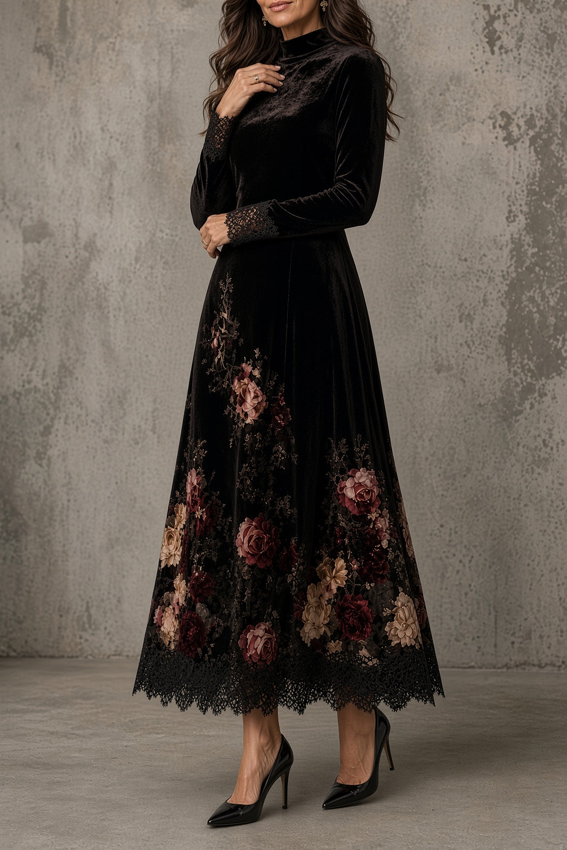 Emberly floral velvet maxi dress in black, three-quarter view