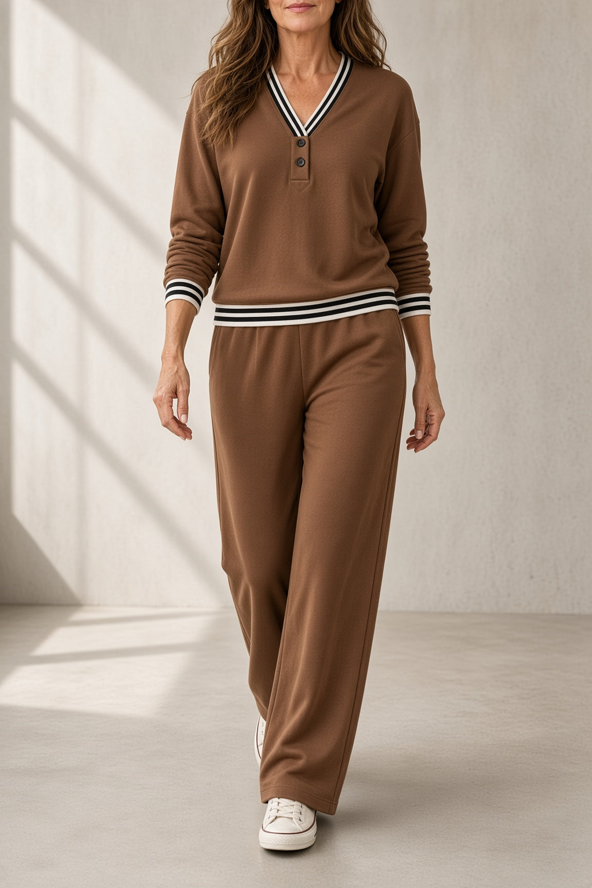 Adelind V-neck top and wide-leg trouser set in brown, front view