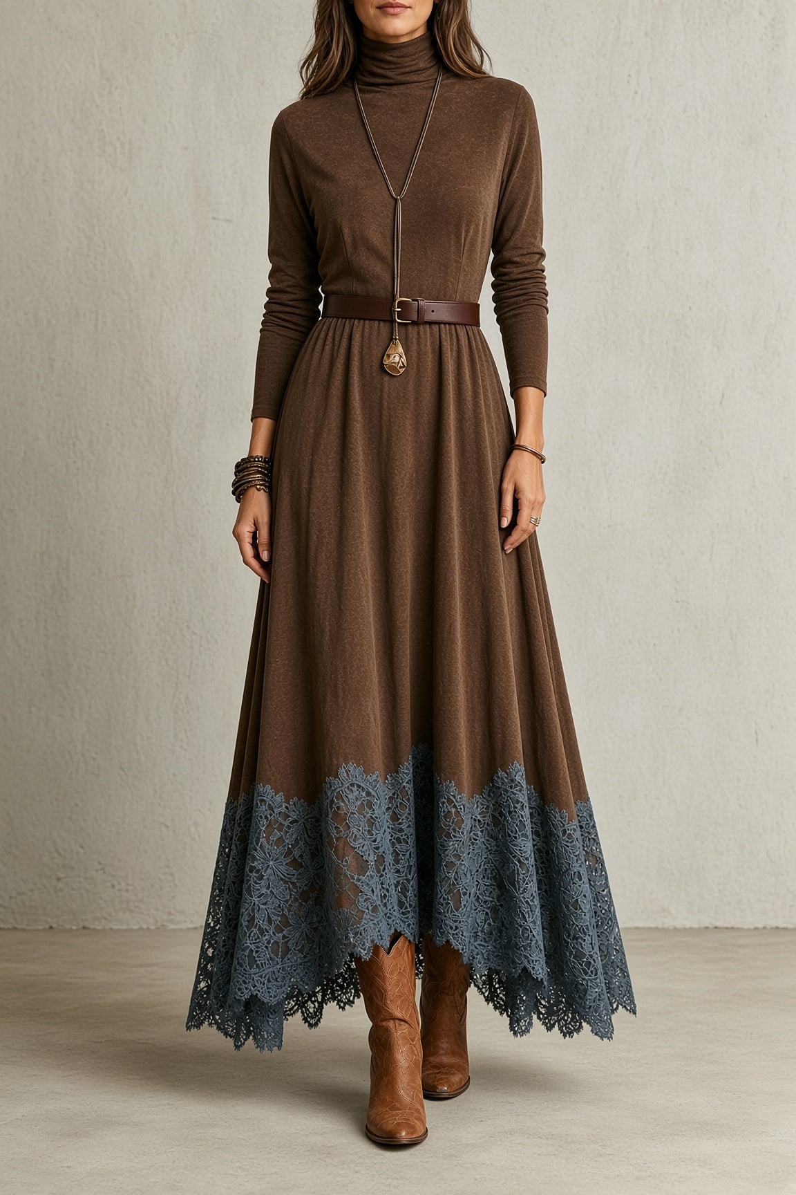 Meriel lace hem maxi dress in brown, front view