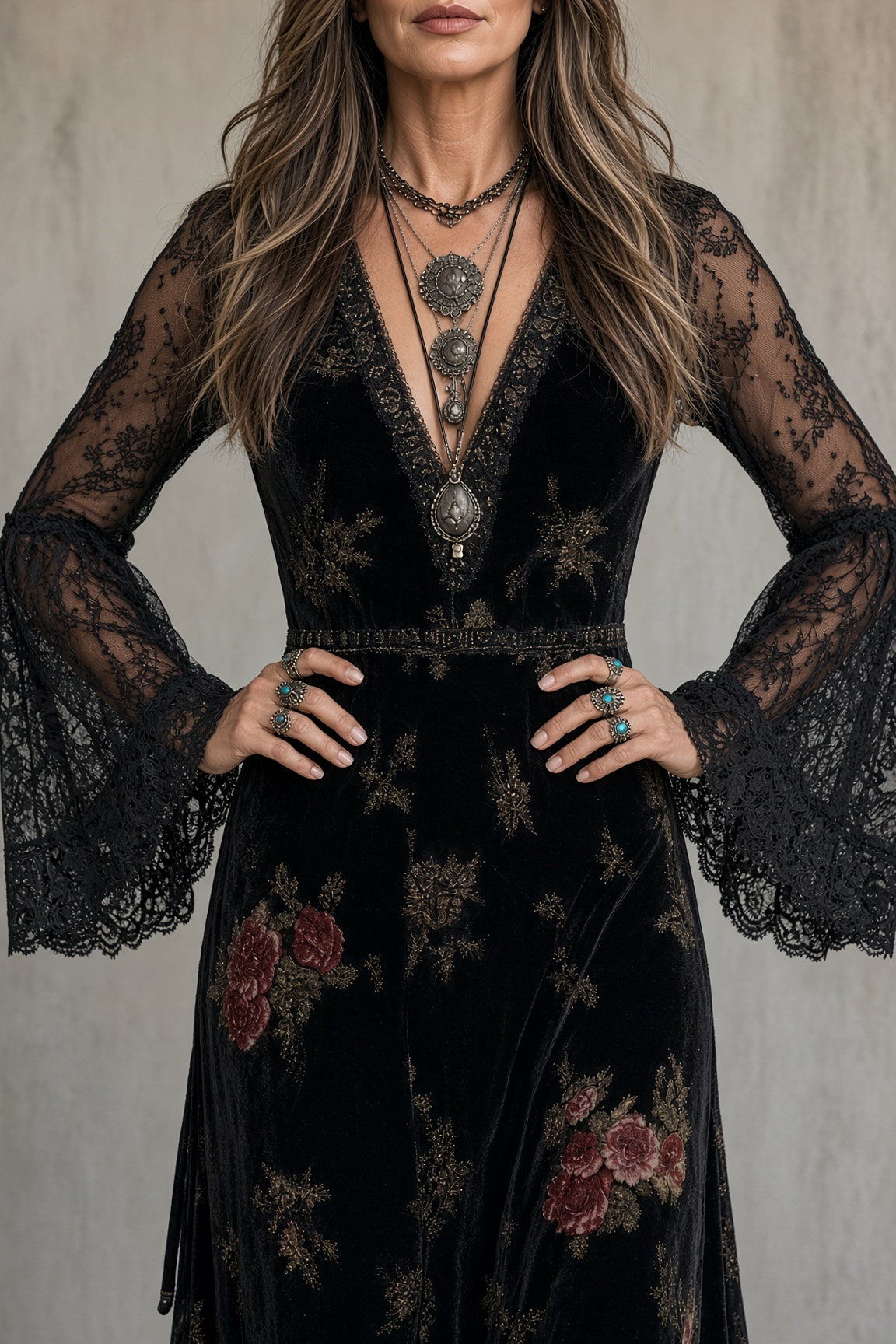 Isabeau floral velvet maxi dress in black, close-up of lace bell sleeves