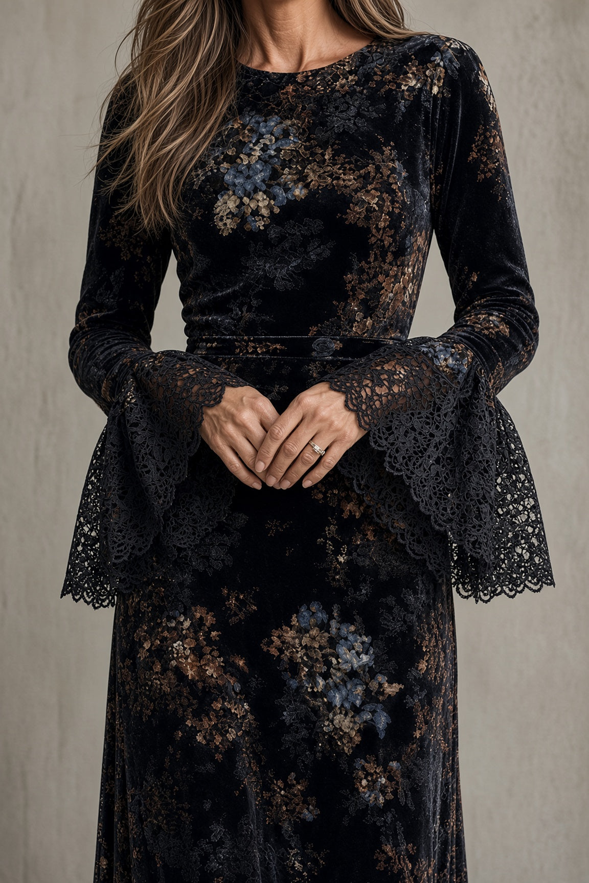 Aldith floral velvet maxi dress in black, close-up of lace cuffs