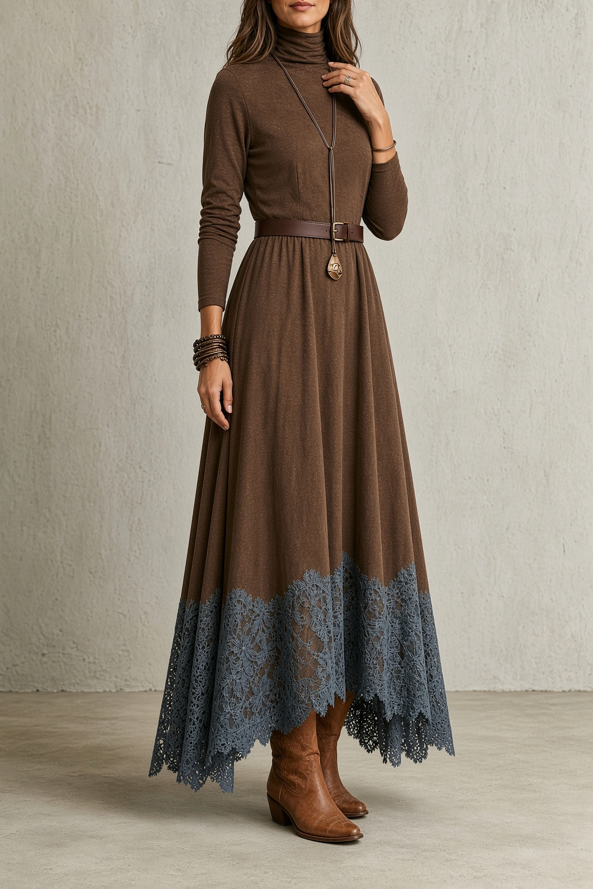 Meriel lace hem maxi dress in brown, three-quarter view